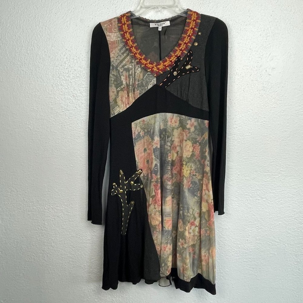 Vitrin Design Women's Multi Print Mixed Media Long Sleeve Dress - Size Small